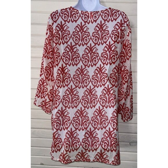 FLORA Rock Flower Paper Sz MEDIUM Red White Ikat Print Top Tunic 100% Cotton EUC - Picture 9 of 13